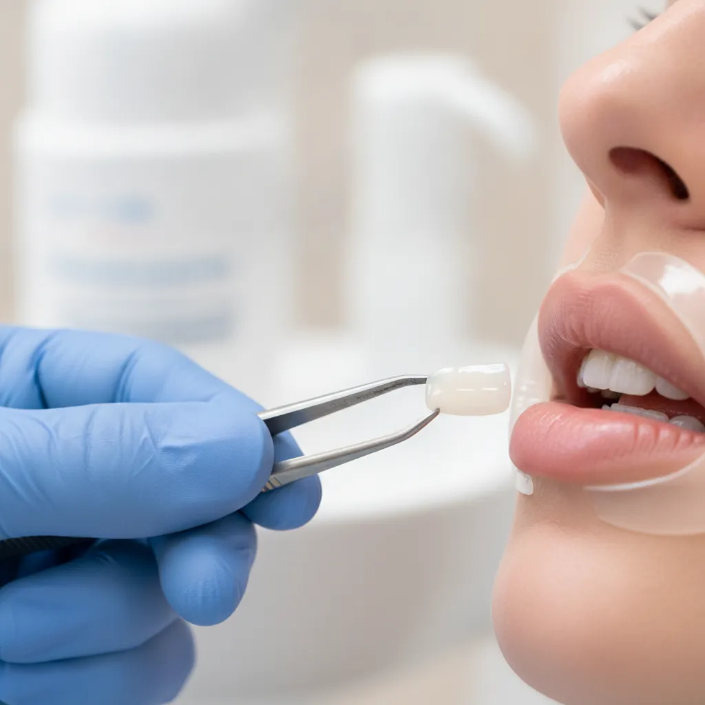 Dentiste appliquant facette dentaire sur patient au cabinet Bô Sourire Agdal