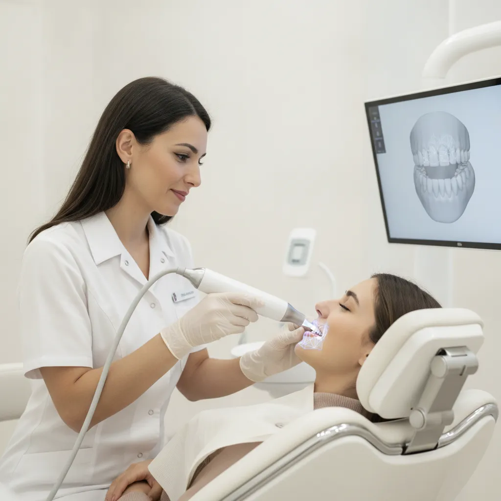 Dr Bouchra Bouslikhane examinant un patient lors d'une consultation orthodontique avec scanner dentaire au Cabinet Bô Sourire Agdal.