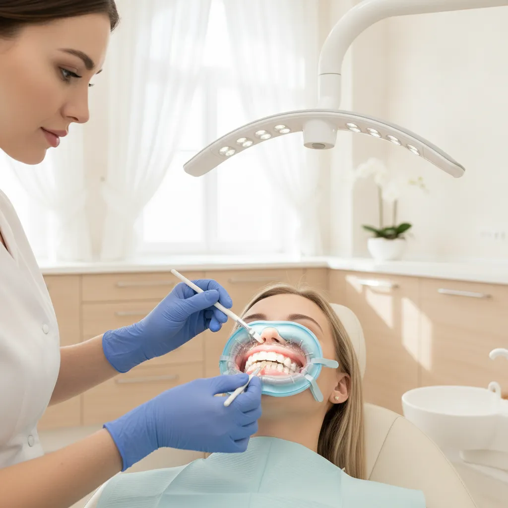 Dentiste Dr Bouchra Bouslikhane appliquant un gel de blanchiment dentaire professionnel au cabinet Bô Sourire à Agdal