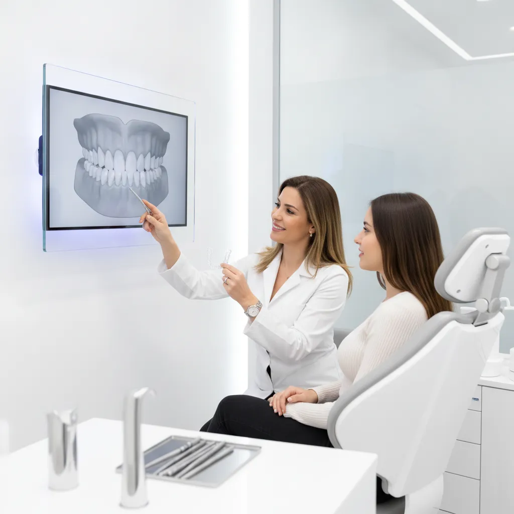Dentiste expliquant traitement Invisalign à patiente cabinet Bô Sourire Rabat