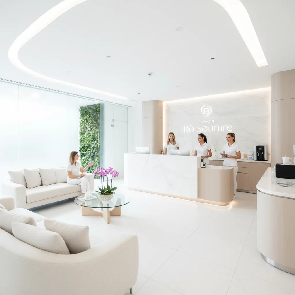 Intérieur moderne de la Clinique Bô Sourire à Rabat Agdal avec équipe souriante