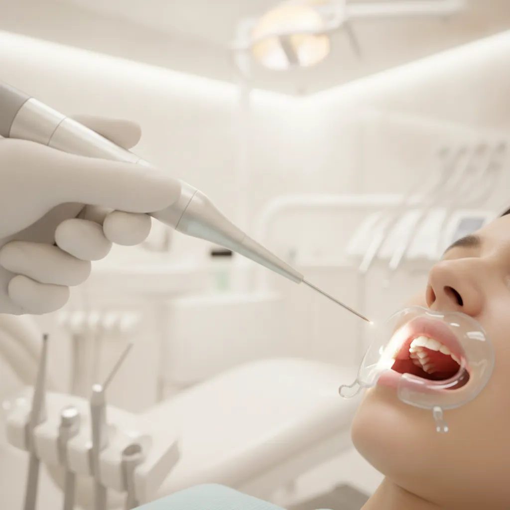 Chirurgien-dentiste Dr Bouslikhane utilisant un laser dentaire pour un traitement sans douleur au cabinet Bô Sourire Agdal