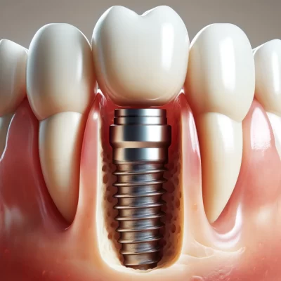 Implant dentaire en titane intégré dans la mâchoire parmi les dents naturelles.