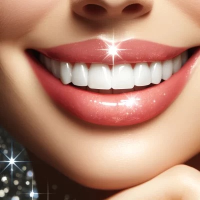 Sourire éclatant avec des dents parfaitement blanches et effet brillant, évoquant un Hollywood Smile.